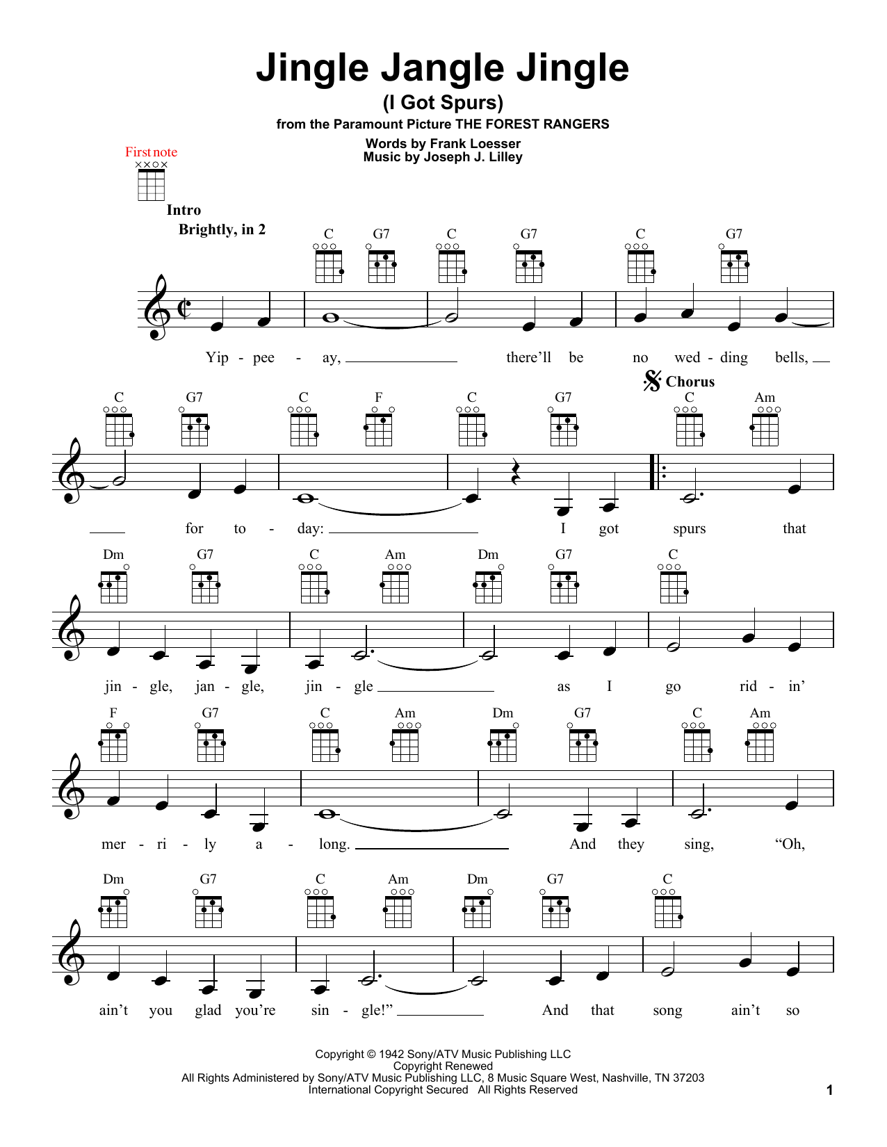 Frank Loesser Jingle Jangle Jingle (I Got Spurs) Sheet Music Notes & Chords for Ukulele - Download or Print PDF