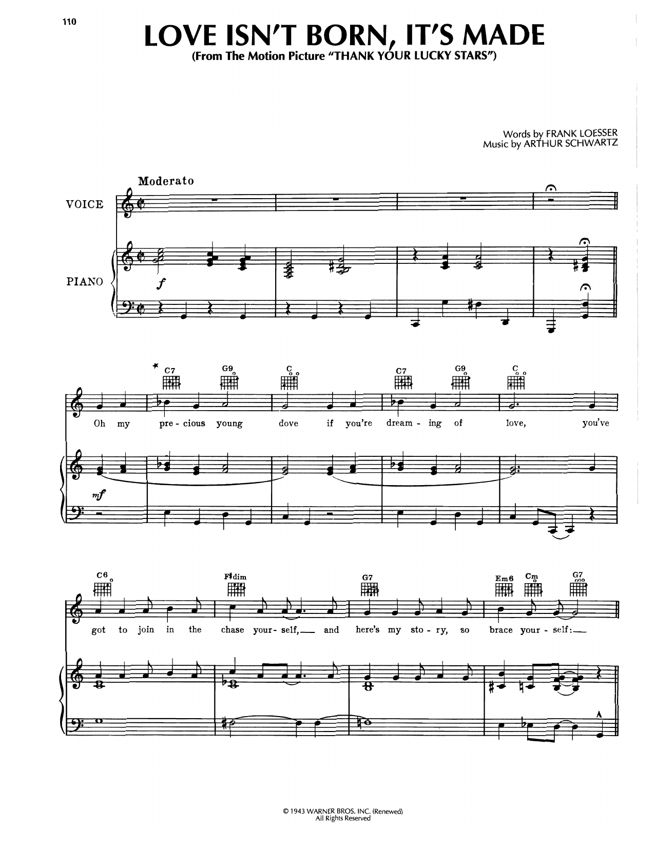 Frank Loesser Love Isn't Born, It's Made (from Thank Your Lucky Stars) Sheet Music Notes & Chords for Piano, Vocal & Guitar Chords (Right-Hand Melody) - Download or Print PDF