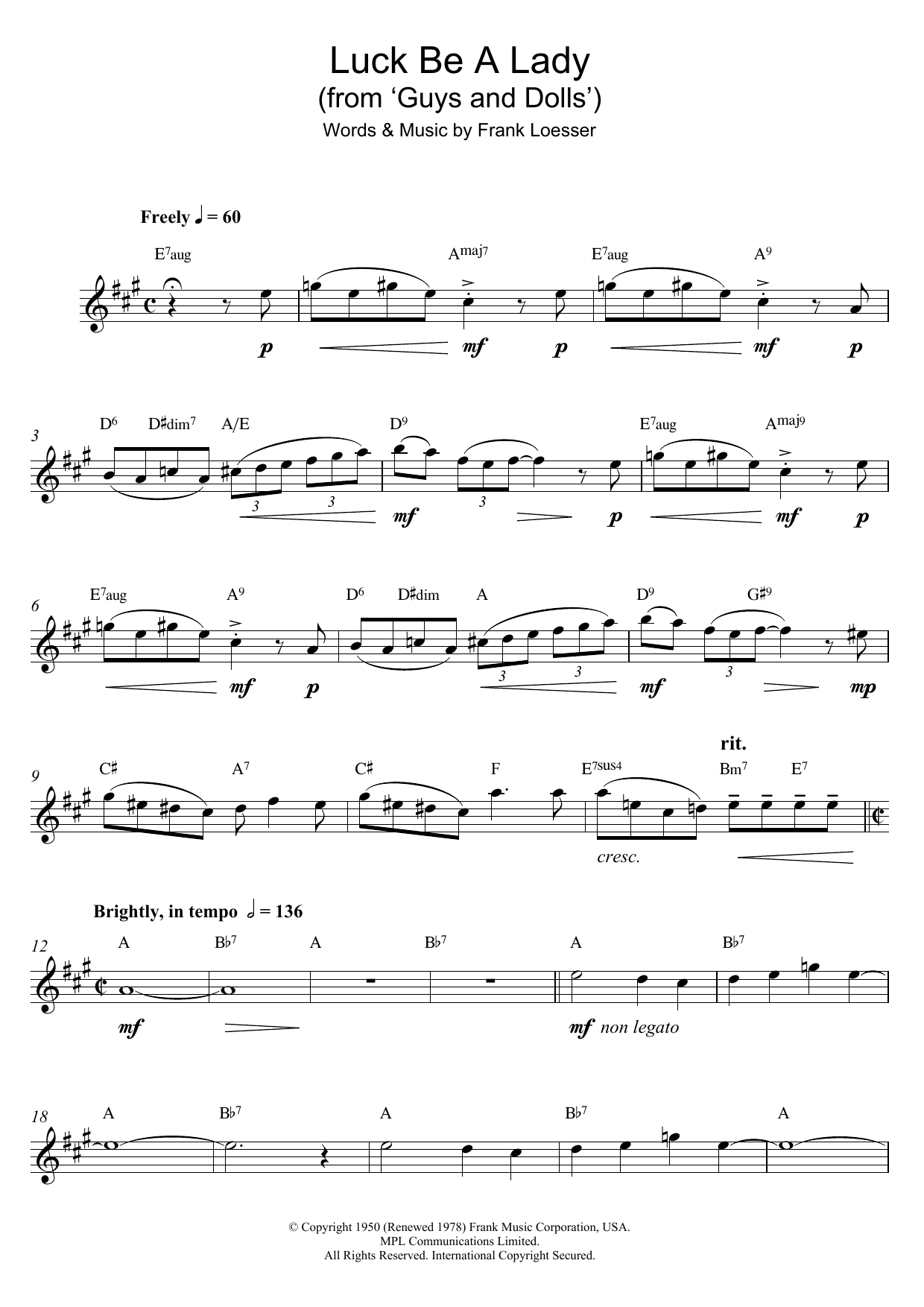 Frank Loesser Luck Be A Lady (from 'Guys and Dolls') Sheet Music Notes & Chords for Alto Saxophone - Download or Print PDF