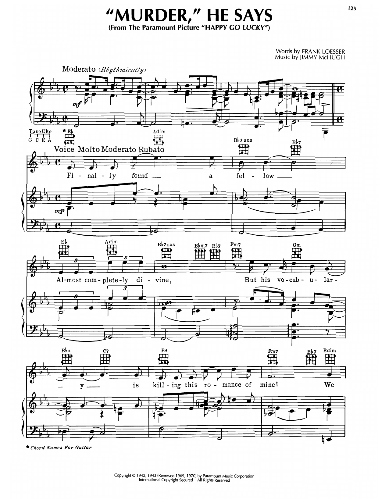 Frank Loesser Murder, He Says (from Happy Go Lucky) Sheet Music Notes & Chords for Piano, Vocal & Guitar Chords (Right-Hand Melody) - Download or Print PDF