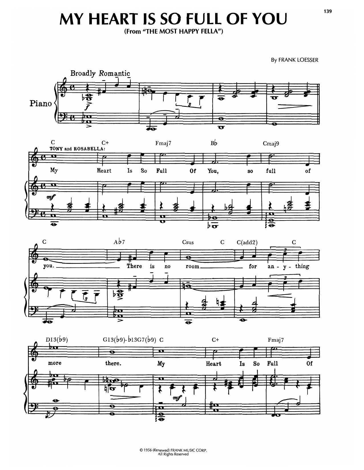 Frank Loesser My Heart Is So Full Of You (from The Most Happy Fella) Sheet Music Notes & Chords for Piano, Vocal & Guitar (Right-Hand Melody) - Download or Print PDF