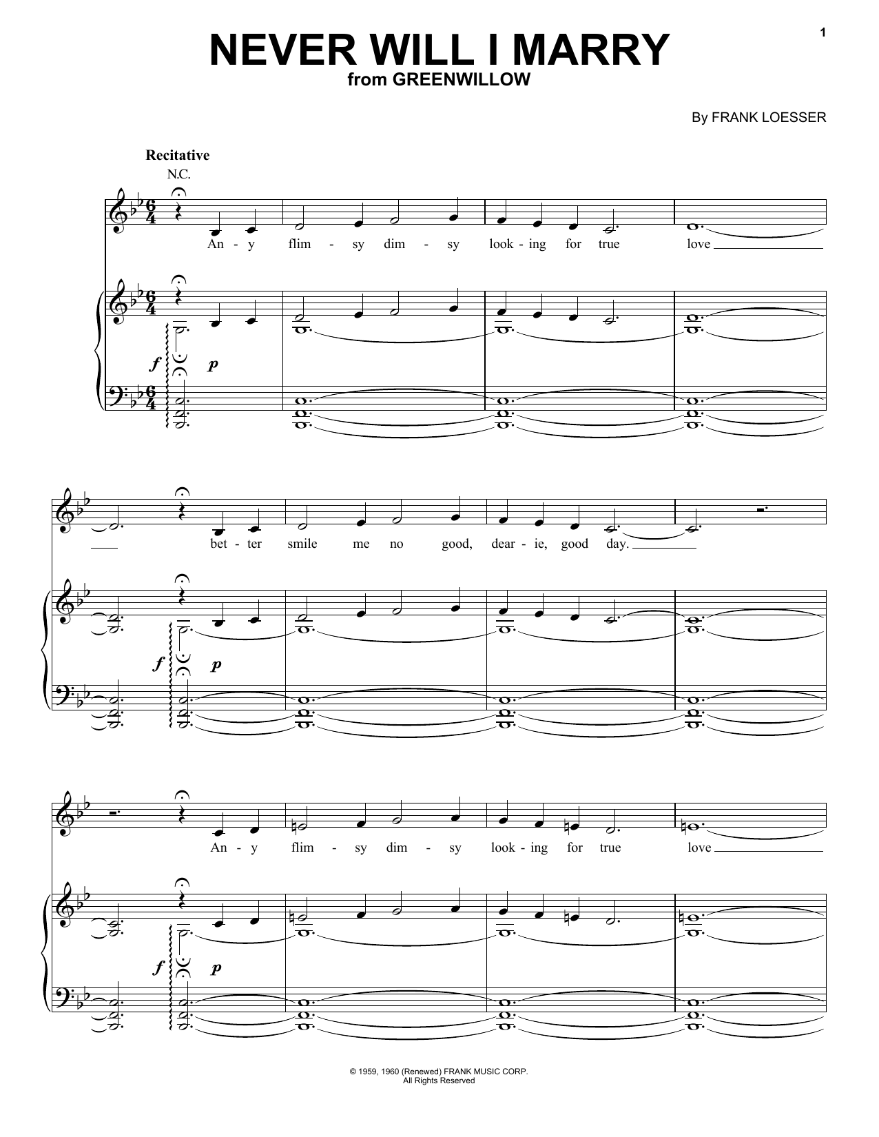 Frank Loesser Never Will I Marry (from Greenwillow) Sheet Music Notes & Chords for Piano, Vocal & Guitar Chords (Right-Hand Melody) - Download or Print PDF