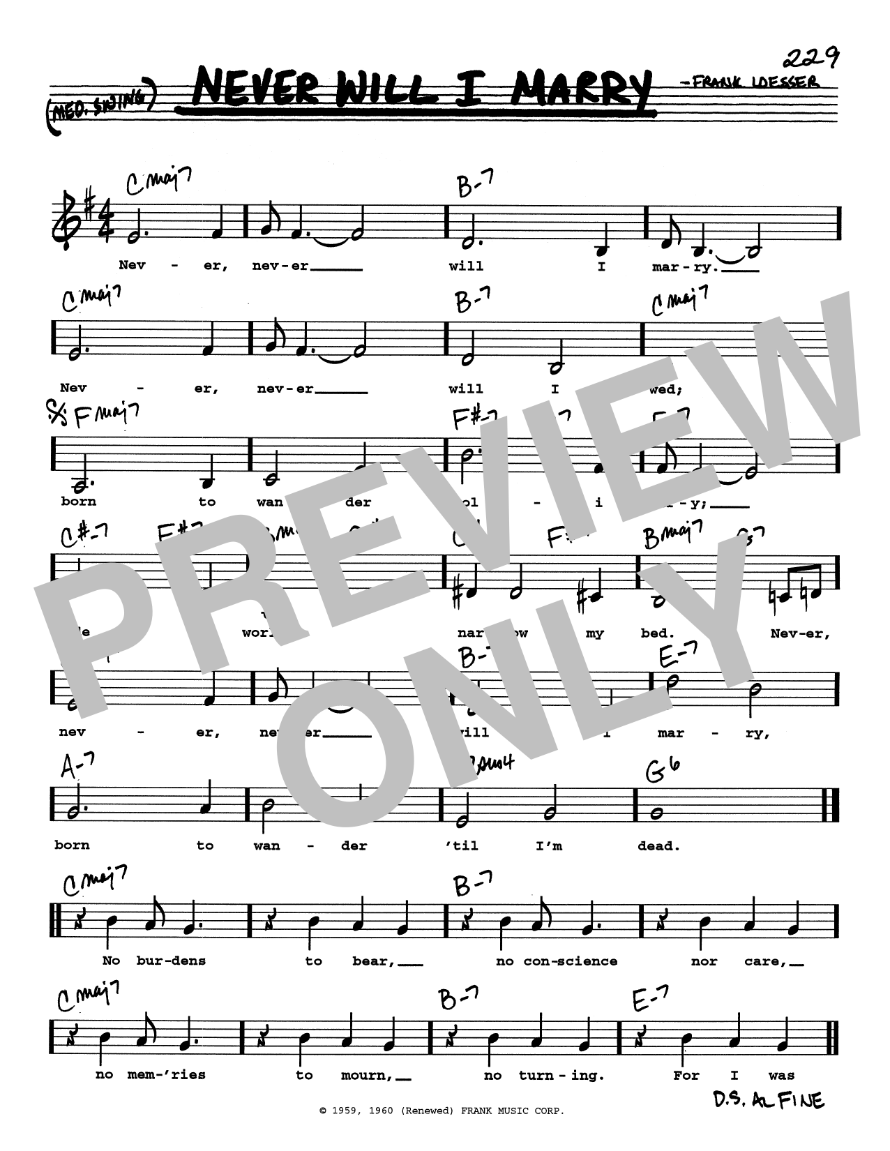 Frank Loesser Never Will I Marry (Low Voice) Sheet Music Notes & Chords for Real Book – Melody, Lyrics & Chords - Download or Print PDF
