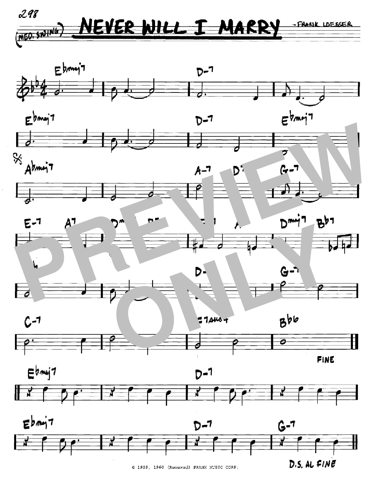 Frank Loesser Never Will I Marry Sheet Music Notes & Chords for Melody Line, Lyrics & Chords - Download or Print PDF