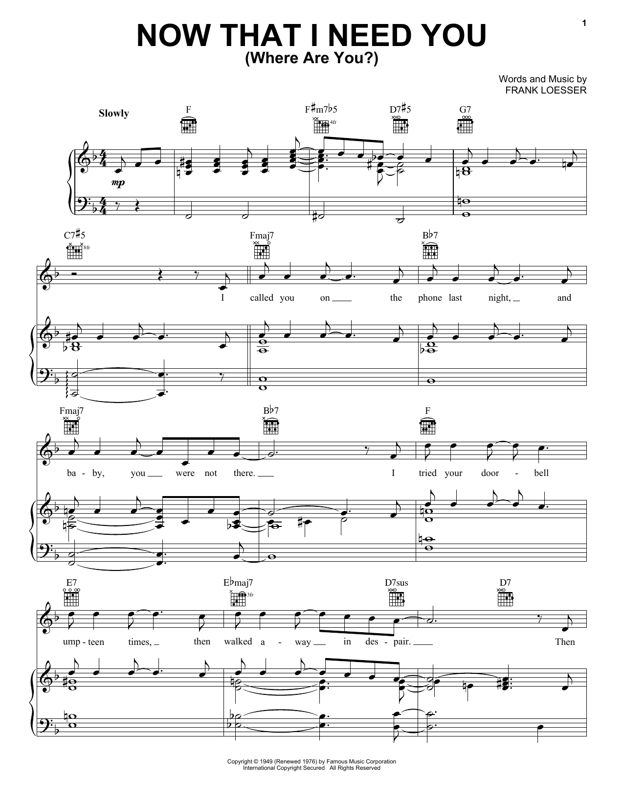 Frank Loesser Now That I Need You (Where Are You?) Sheet Music Notes & Chords for Piano, Vocal & Guitar Chords (Right-Hand Melody) - Download or Print PDF