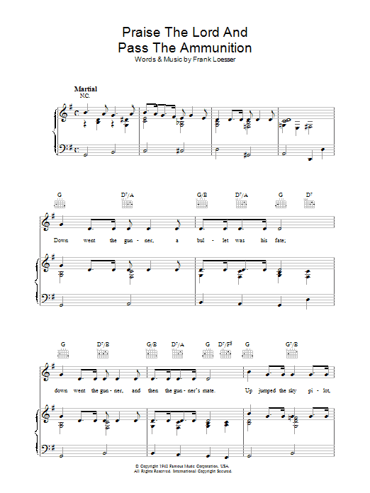 Frank Loesser Praise The Lord And Pass The Ammunition Sheet Music Notes & Chords for Piano, Vocal & Guitar (Right-Hand Melody) - Download or Print PDF