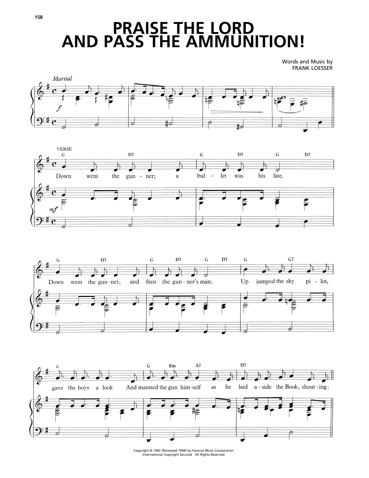 Frank Loesser Praise The Lord And Pass The Ammunition! Sheet Music Notes & Chords for Piano, Vocal & Guitar Chords (Right-Hand Melody) - Download or Print PDF