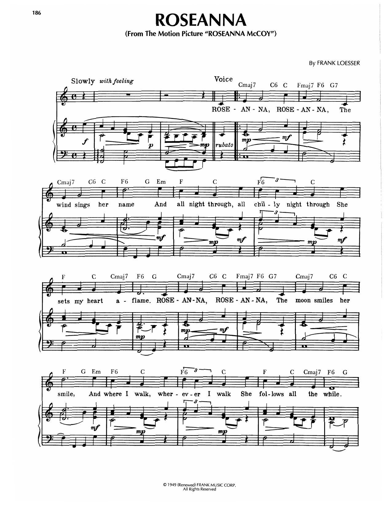 Frank Loesser Roseanna (from Roseanna McCoy) Sheet Music Notes & Chords for Piano, Vocal & Guitar Chords (Right-Hand Melody) - Download or Print PDF