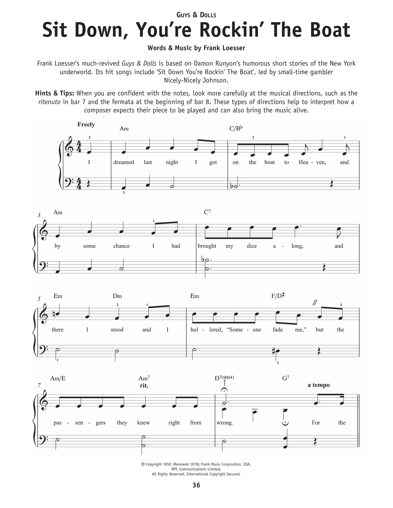 Frank Loesser Sit Down You're Rockin' The Boat (from Guys & Dolls) Sheet Music Notes & Chords for Really Easy Piano - Download or Print PDF Frank Loesser Sit Down You're Rockin' The Boat (from Guys & Dolls) Sheet Music Notes & Chords for Really Easy Piano - Download or Print PDF