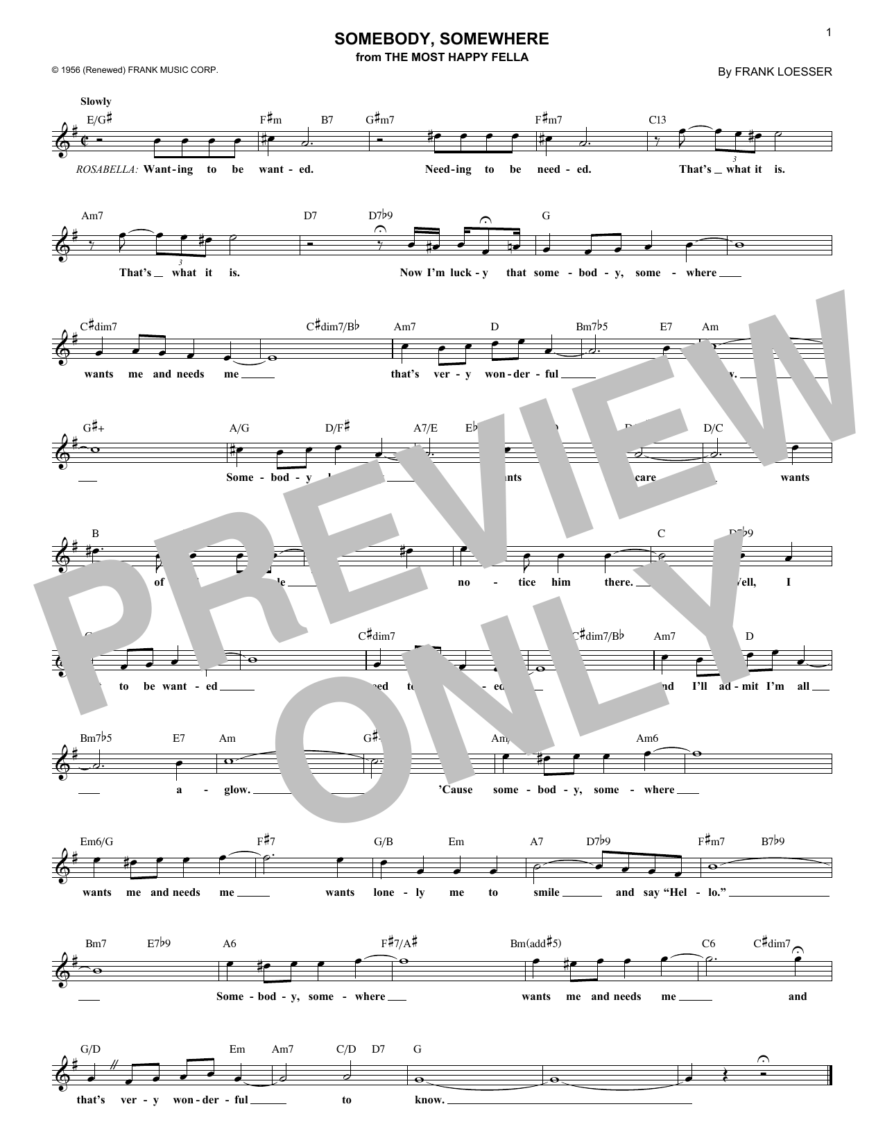Frank Loesser Somebody, Somewhere (from The Most Happy Fella) Sheet Music Notes & Chords for Piano, Vocal & Guitar Chords (Right-Hand Melody) - Download or Print PDF