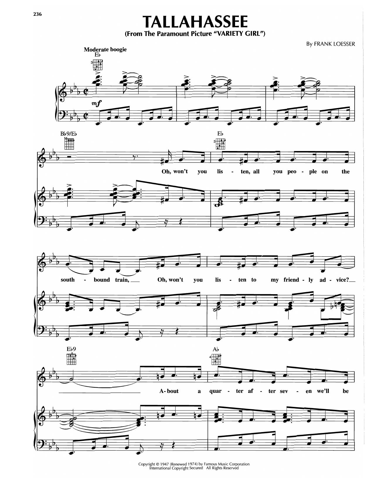 Frank Loesser Tallahassee Sheet Music Notes & Chords for Piano, Vocal & Guitar Chords (Right-Hand Melody) - Download or Print PDF