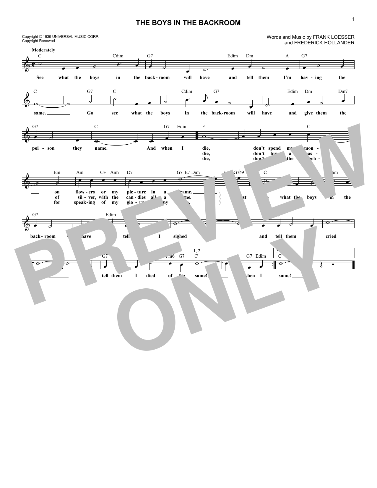 Frank Loesser The Boys In The Back Room Sheet Music Notes & Chords for Melody Line, Lyrics & Chords - Download or Print PDF