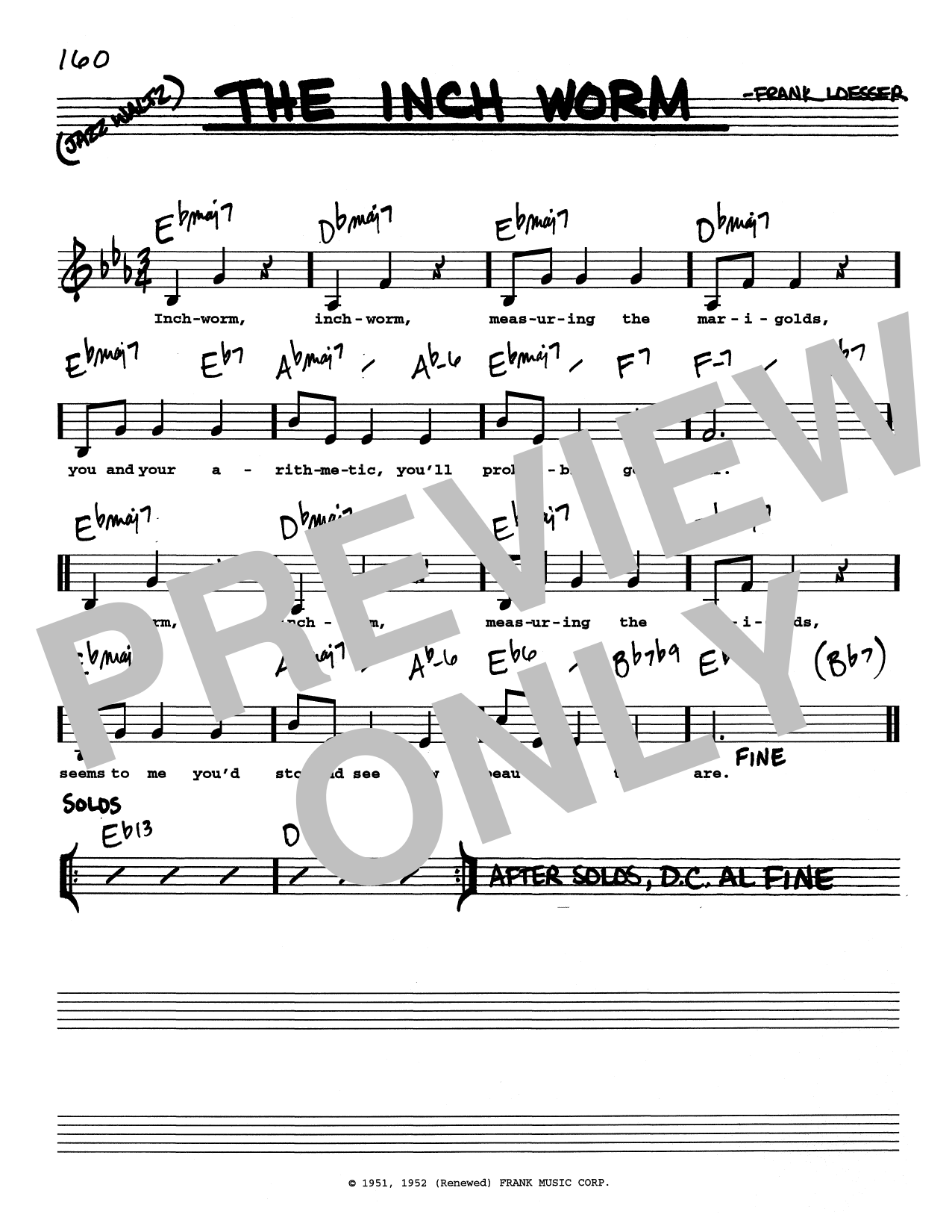 Frank Loesser The Inch Worm (Low Voice) Sheet Music Notes & Chords for Real Book – Melody, Lyrics & Chords - Download or Print PDF Frank Loesser The Inch Worm (Low Voice) Sheet Music Notes & Chords for Real Book – Melody, Lyrics & Chords - Download or Print PDF