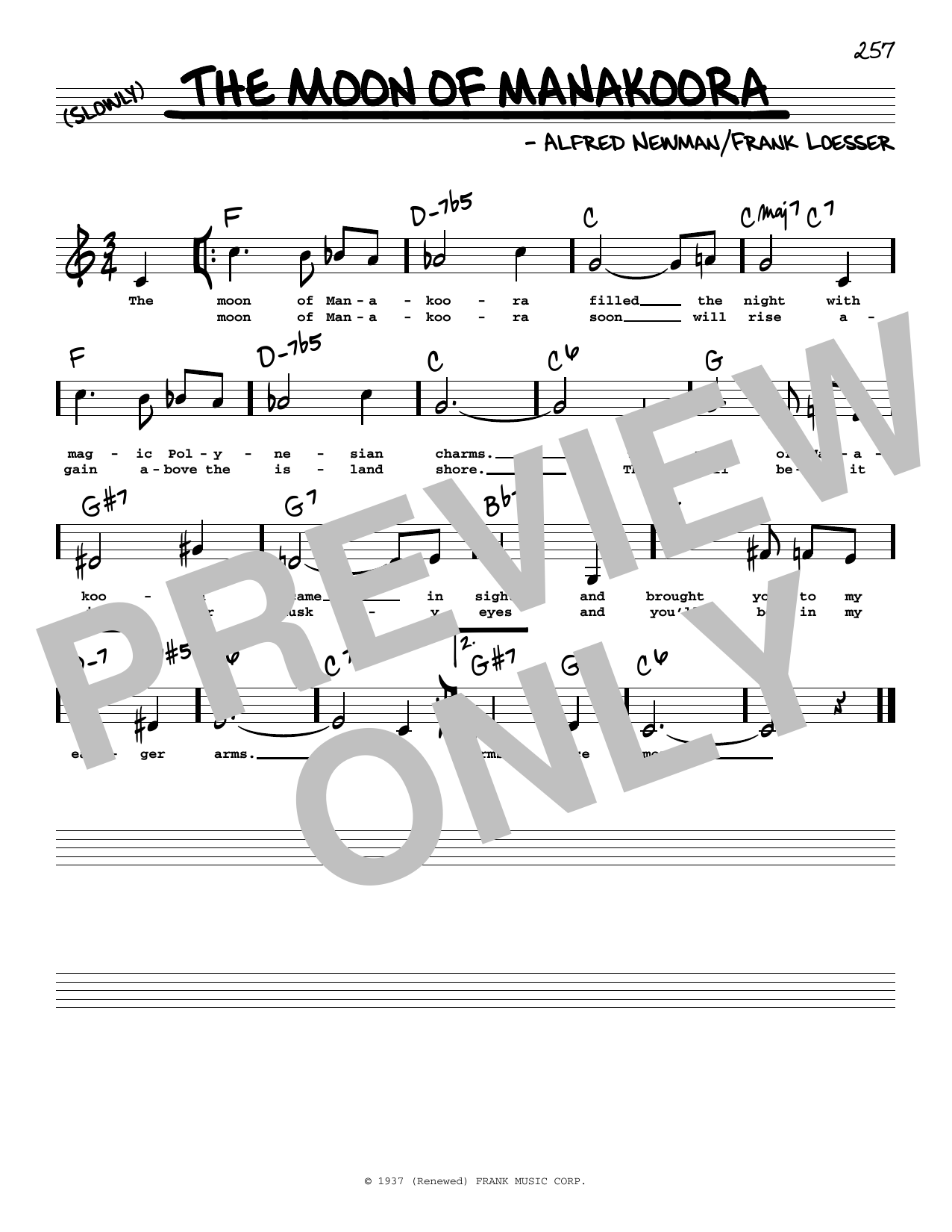 Frank Loesser The Moon Of Manakoora (Low Voice) Sheet Music Notes & Chords for Real Book – Melody, Lyrics & Chords - Download or Print PDF