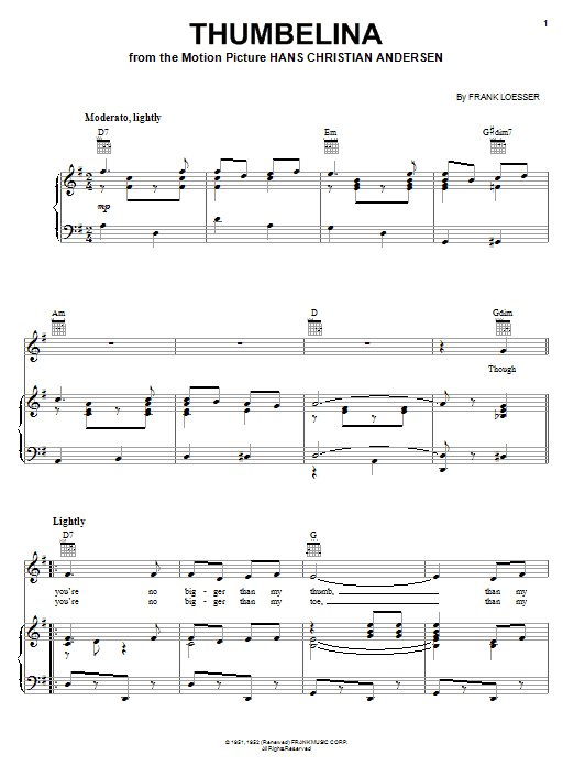 Frank Loesser Thumbelina Sheet Music Notes & Chords for Piano, Vocal & Guitar (Right-Hand Melody) - Download or Print PDF