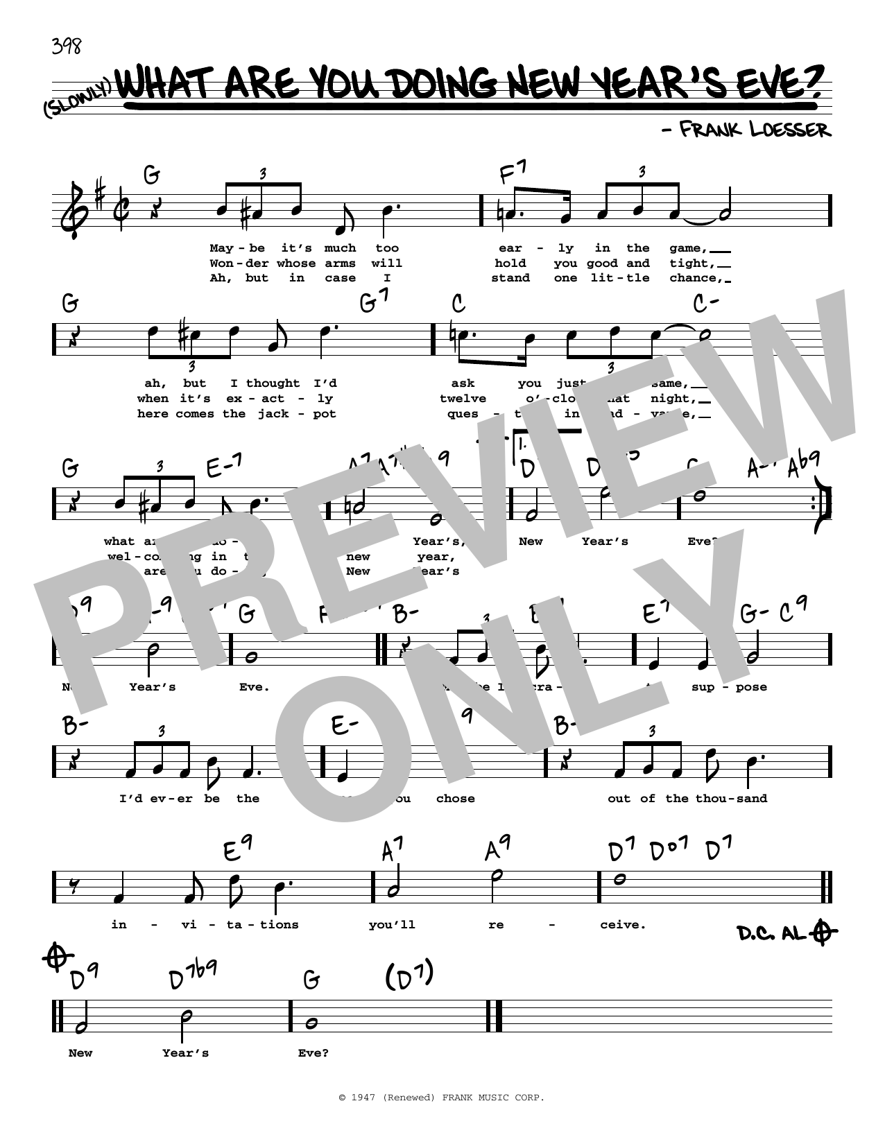 Frank Loesser What Are You Doing New Year's Eve? (High Voice) Sheet Music Notes & Chords for Real Book – Melody, Lyrics & Chords - Download or Print PDF