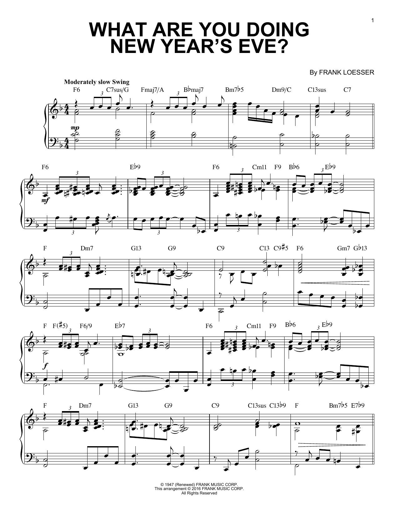 Frank Loesser What Are You Doing New Year's Eve? [Jazz version] (arr. Brent Edstrom) Sheet Music Notes & Chords for Piano - Download or Print PDF