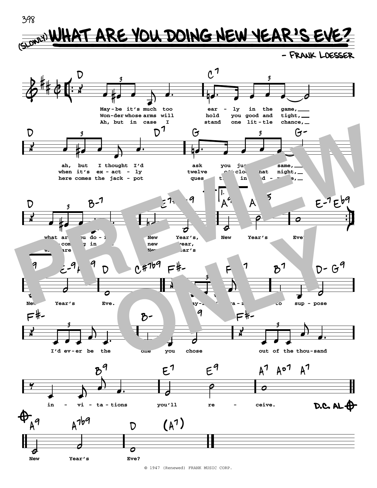 Frank Loesser What Are You Doing New Year's Eve? (Low Voice) Sheet Music Notes & Chords for Real Book – Melody, Lyrics & Chords - Download or Print PDF