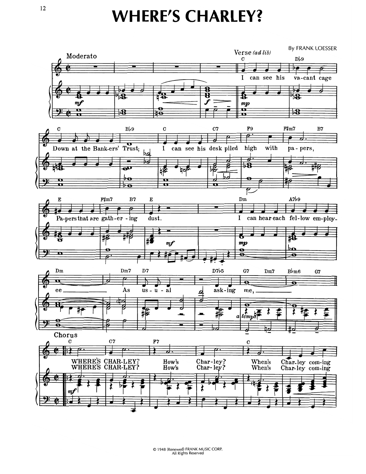 Frank Loesser Where's Charley? Sheet Music Notes & Chords for Piano & Vocal - Download or Print PDF