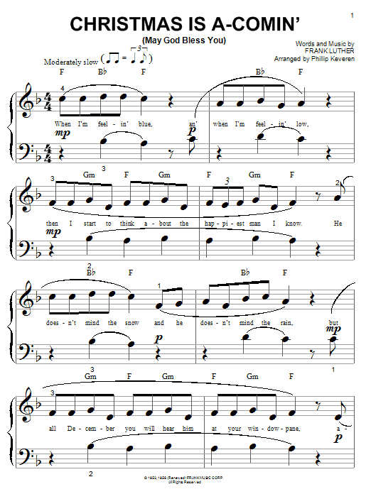 Frank Luther Christmas Is A-Comin' (May God Bless You) Sheet Music Notes & Chords for Piano (Big Notes) - Download or Print PDF
