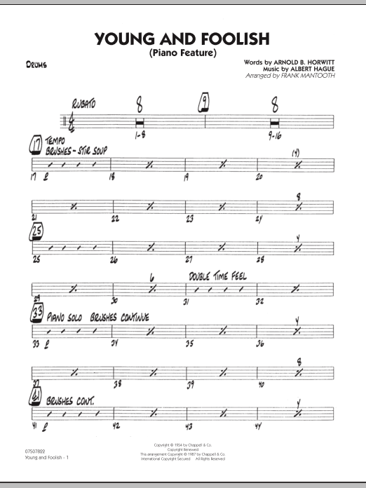 Frank Mantooth Young And Foolish - Drums Sheet Music Notes & Chords for Jazz Ensemble - Download or Print PDF
