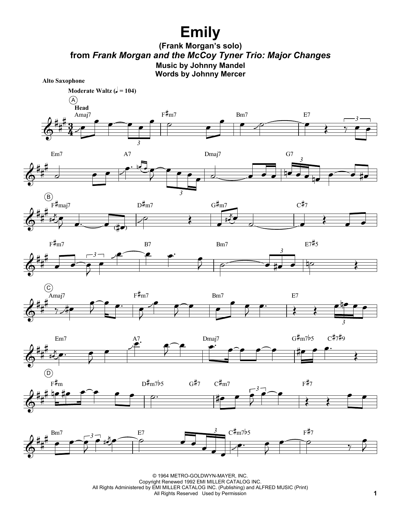 Frank Morgan Emily Sheet Music Notes & Chords for Alto Sax Transcription - Download or Print PDF