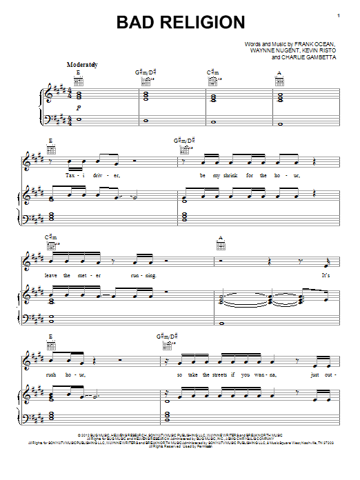 Frank Ocean Bad Religion Sheet Music Notes & Chords for Piano, Vocal & Guitar (Right-Hand Melody) - Download or Print PDF