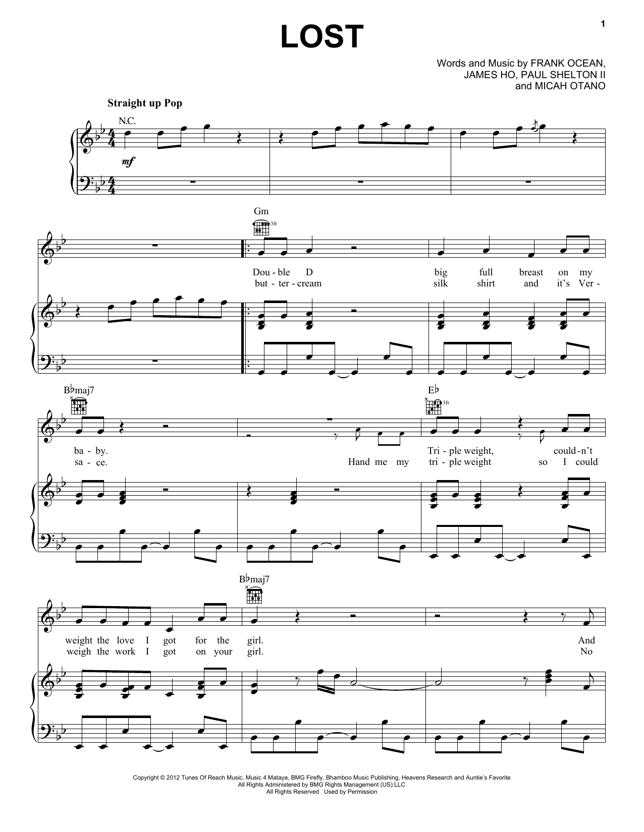 Frank Ocean Lost Sheet Music Notes & Chords for Piano, Vocal & Guitar (Right-Hand Melody) - Download or Print PDF
