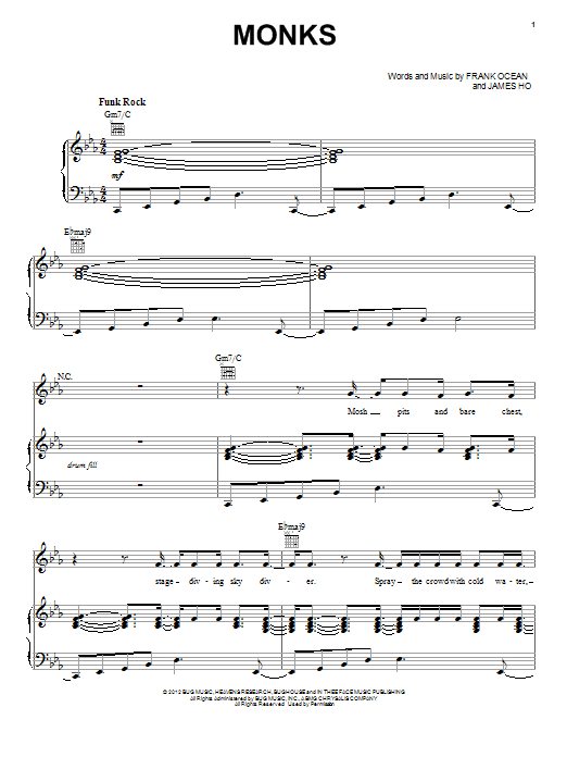 Frank Ocean Monks Sheet Music Notes & Chords for Piano, Vocal & Guitar (Right-Hand Melody) - Download or Print PDF