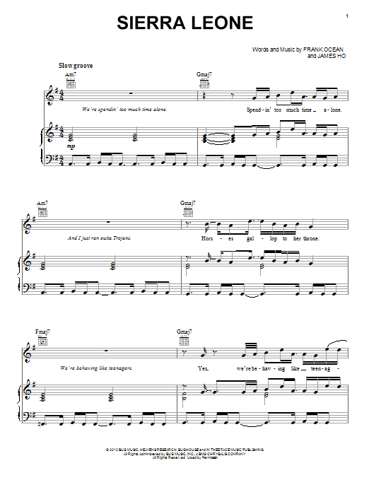 Frank Ocean Sierra Leone Sheet Music Notes & Chords for Piano, Vocal & Guitar (Right-Hand Melody) - Download or Print PDF