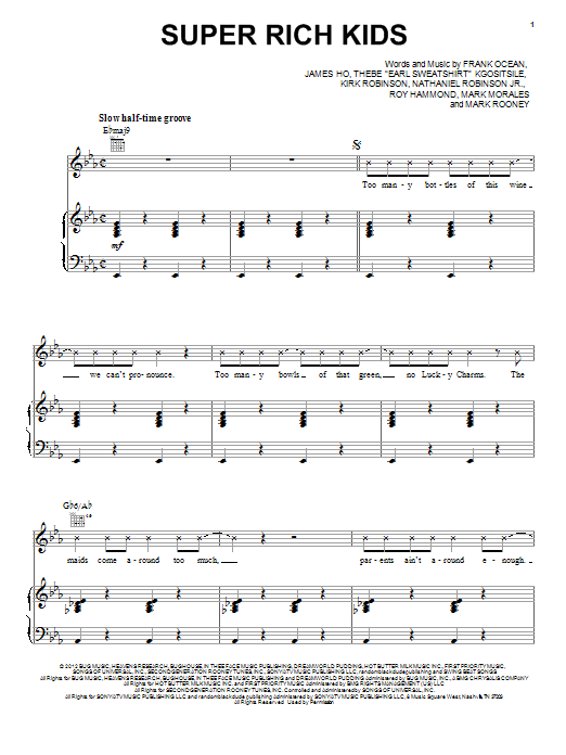 Frank Ocean Super Rich Kids Sheet Music Notes & Chords for Piano, Vocal & Guitar (Right-Hand Melody) - Download or Print PDF