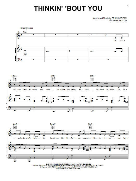 Frank Ocean Thinkin' 'Bout You Sheet Music Notes & Chords for Piano, Vocal & Guitar Chords (Right-Hand Melody) - Download or Print PDF