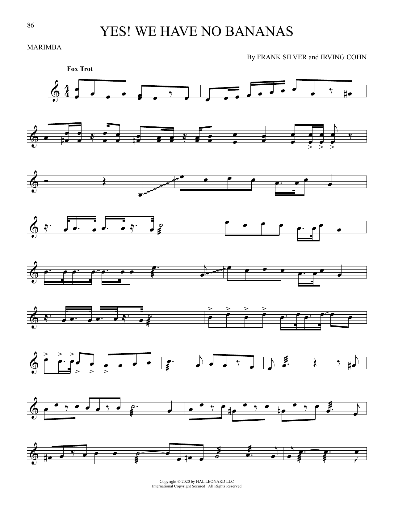Frank Silver and Irving Conn Yes! We Have No Bananas Sheet Music Notes & Chords for Marimba Solo - Download or Print PDF