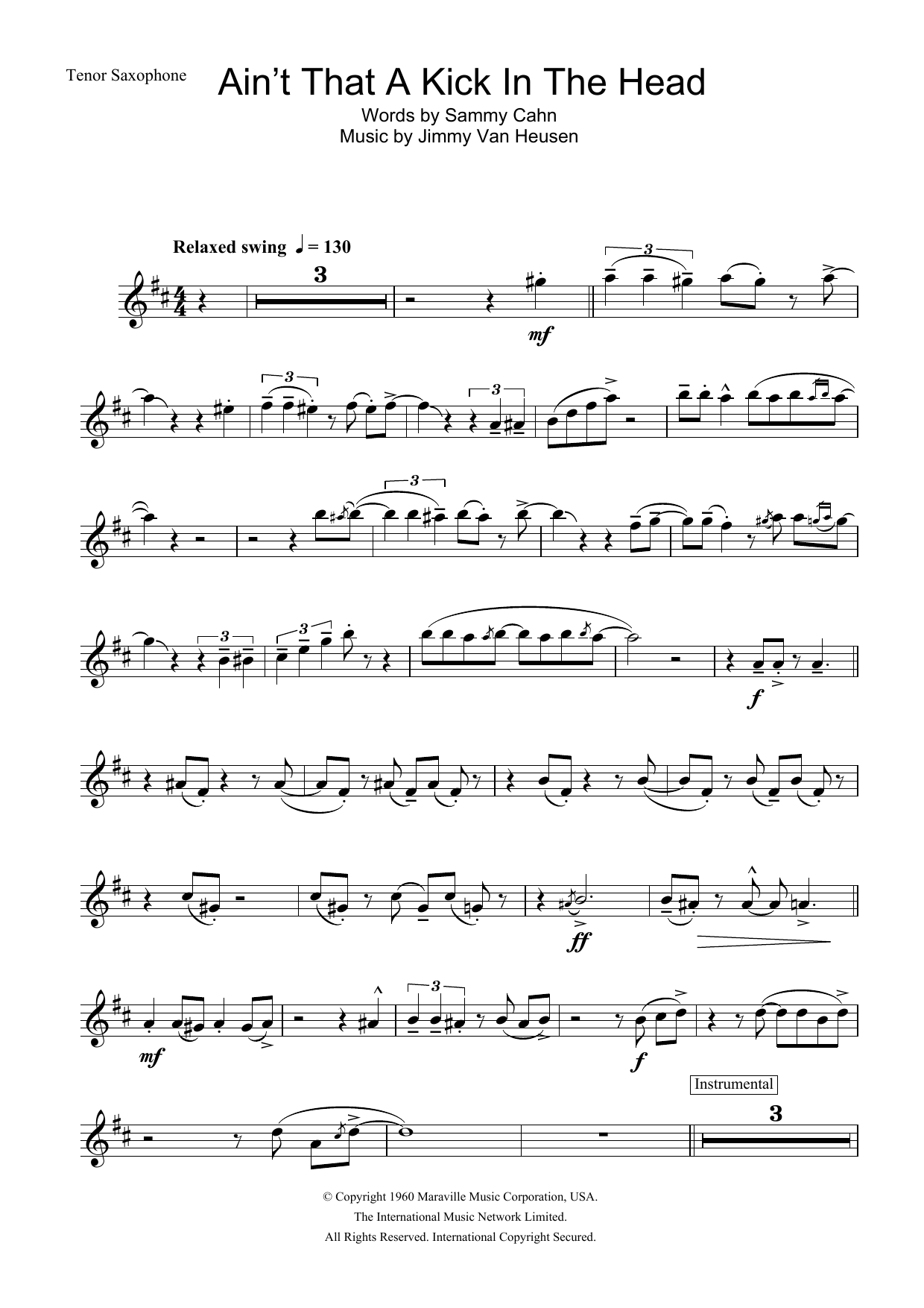 Frank Sinatra Ain't That A Kick In The Head Sheet Music Notes & Chords for Tenor Saxophone - Download or Print PDF