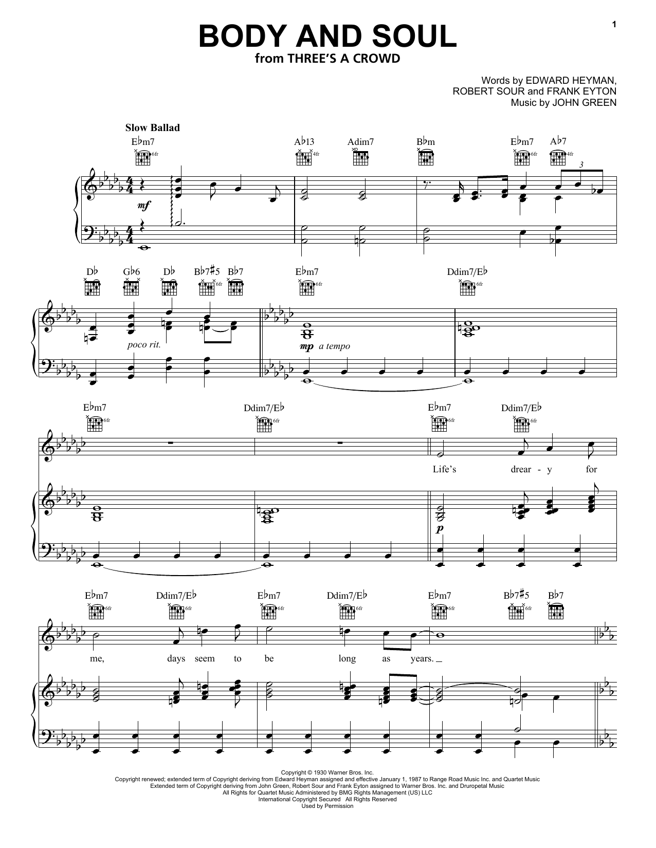 Frank Sinatra Body And Soul Sheet Music Notes & Chords for Piano, Vocal & Guitar (Right-Hand Melody) - Download or Print PDF