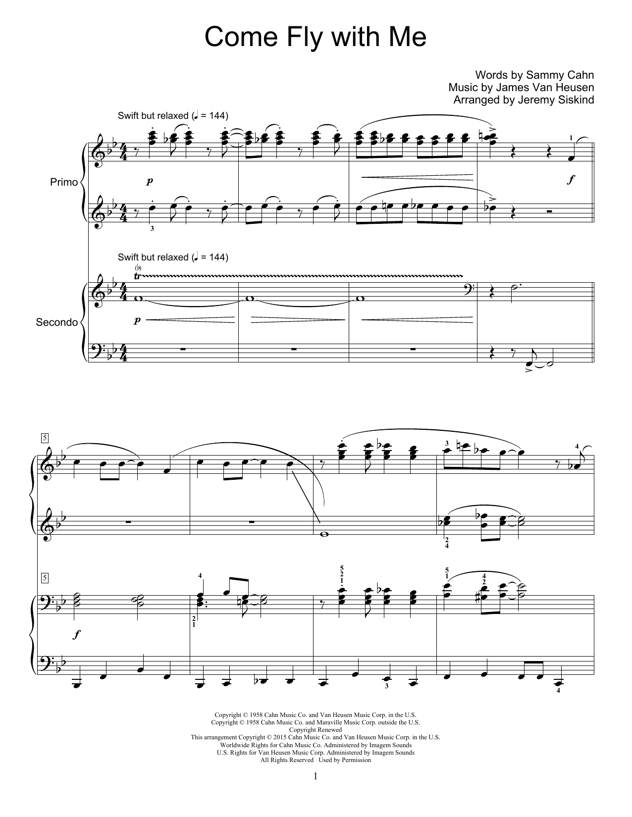Jeremy Siskind Come Fly With Me Sheet Music Notes & Chords for Piano Duet - Download or Print PDF