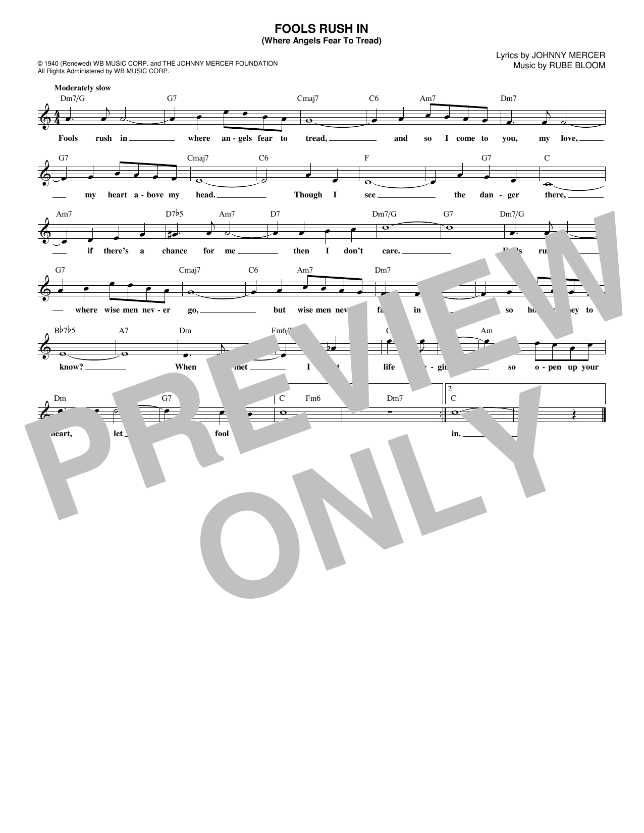 Frank Sinatra Fools Rush In (Where Angels Fear To Tread) Sheet Music Notes & Chords for Melody Line, Lyrics & Chords - Download or Print PDF