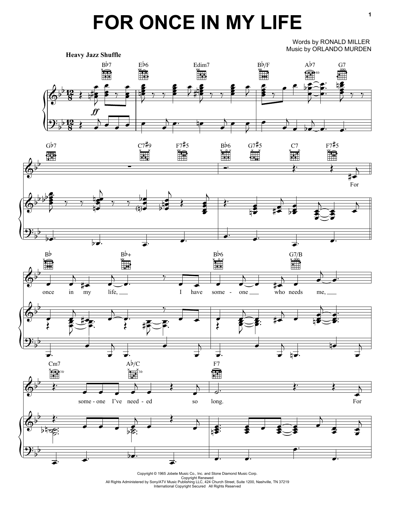 Frank Sinatra For Once In My Life Sheet Music Notes & Chords for Piano, Vocal & Guitar (Right-Hand Melody) - Download or Print PDF