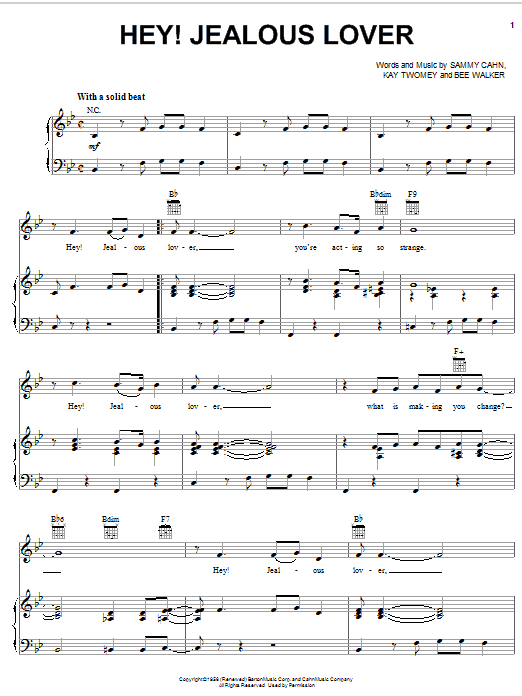 Frank Sinatra Hey! Jealous Lover Sheet Music Notes & Chords for Piano & Vocal - Download or Print PDF