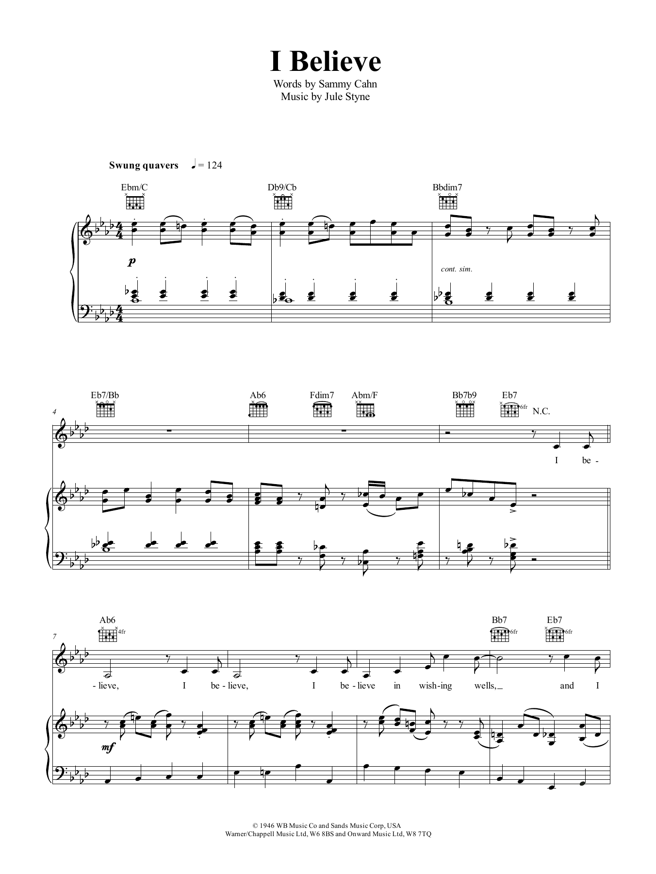 Frank Sinatra I Believe Sheet Music Notes & Chords for Piano, Vocal & Guitar (Right-Hand Melody) - Download or Print PDF