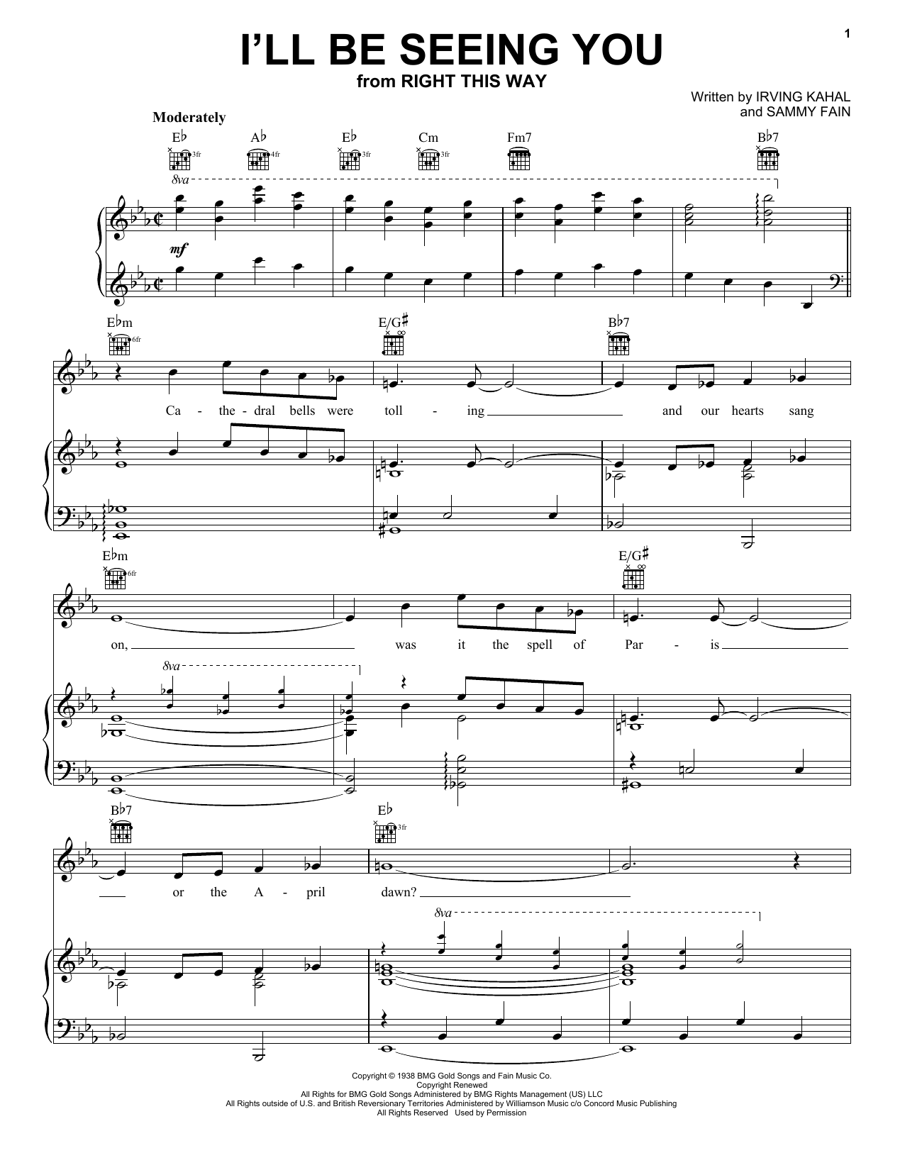 Frank Sinatra I'll Be Seeing You Sheet Music Notes & Chords for Piano, Vocal & Guitar (Right-Hand Melody) - Download or Print PDF