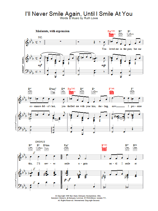 Frank Sinatra I'll Never Smile Again Sheet Music Notes & Chords for Piano, Vocal & Guitar (Right-Hand Melody) - Download or Print PDF