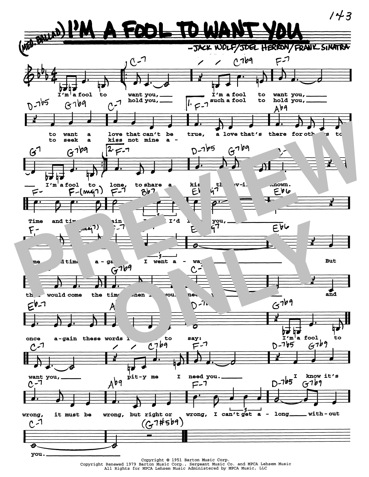 Frank Sinatra I'm A Fool To Want You (Low Voice) Sheet Music Notes & Chords for Real Book – Melody, Lyrics & Chords - Download or Print PDF