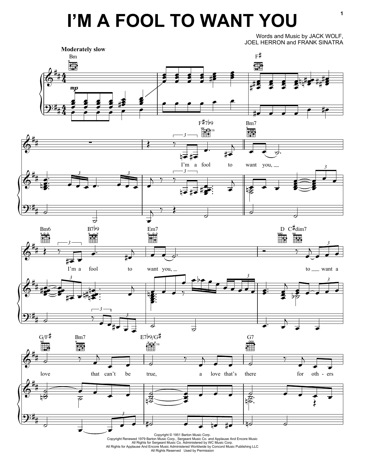 Frank Sinatra I'm A Fool To Want You Sheet Music Notes & Chords for Piano, Vocal & Guitar (Right-Hand Melody) - Download or Print PDF