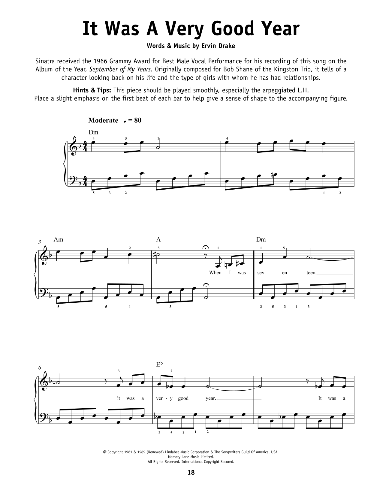 Frank Sinatra It Was A Very Good Year Sheet Music Notes & Chords for Easy Guitar Tab - Download or Print PDF