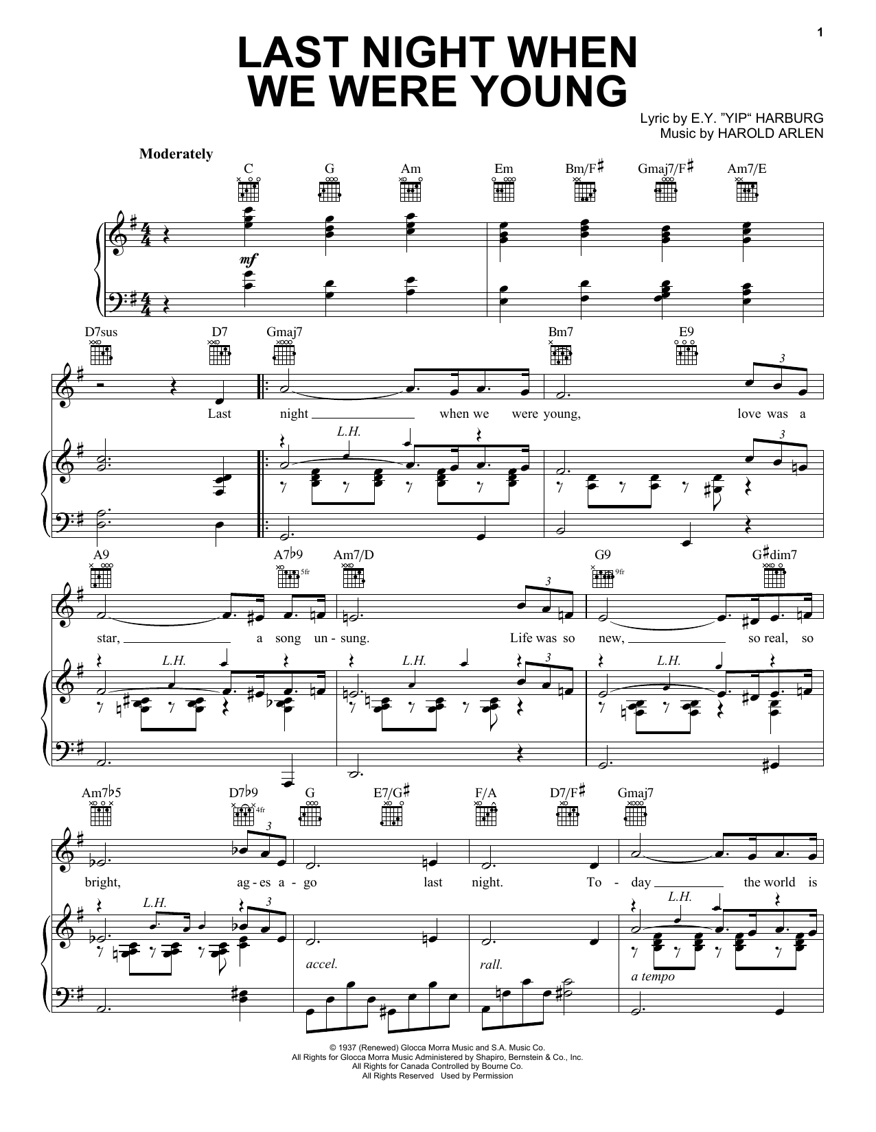 Frank Sinatra Last Night When We Were Young Sheet Music Notes & Chords for Piano, Vocal & Guitar (Right-Hand Melody) - Download or Print PDF