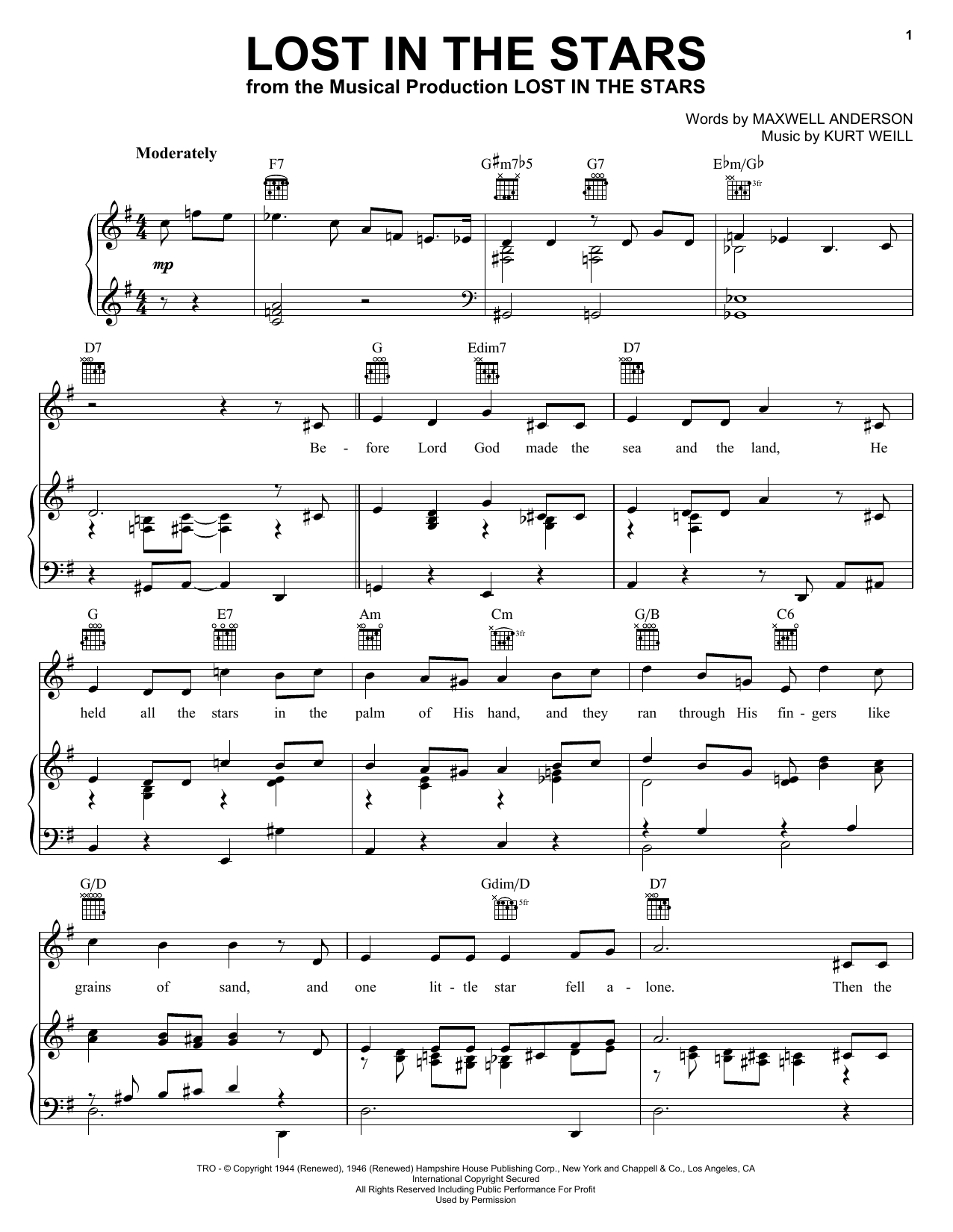 Frank Sinatra Lost In The Stars Sheet Music Notes & Chords for Piano, Vocal & Guitar (Right-Hand Melody) - Download or Print PDF