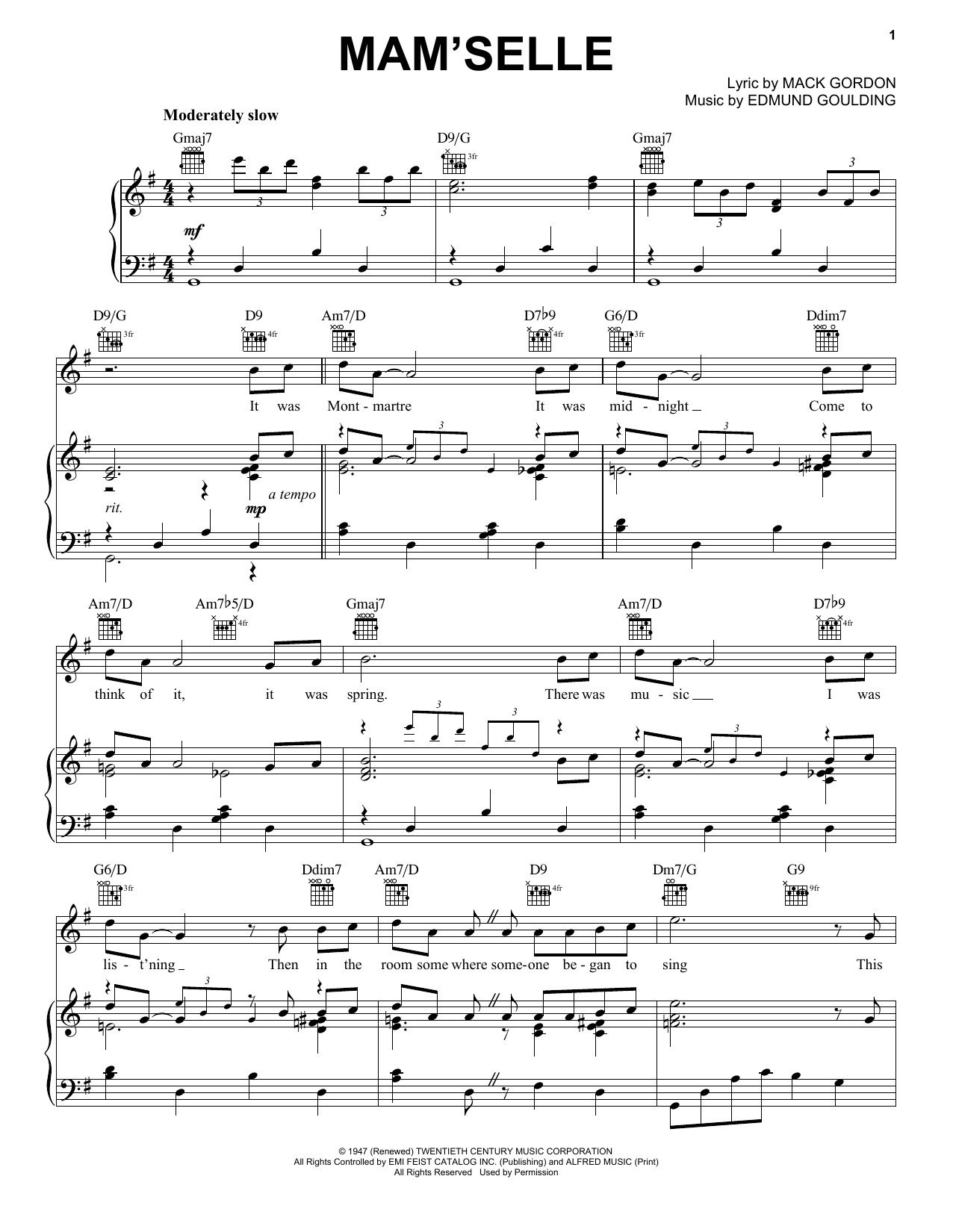 Frank Sinatra Mam'selle Sheet Music Notes & Chords for Piano, Vocal & Guitar (Right-Hand Melody) - Download or Print PDF