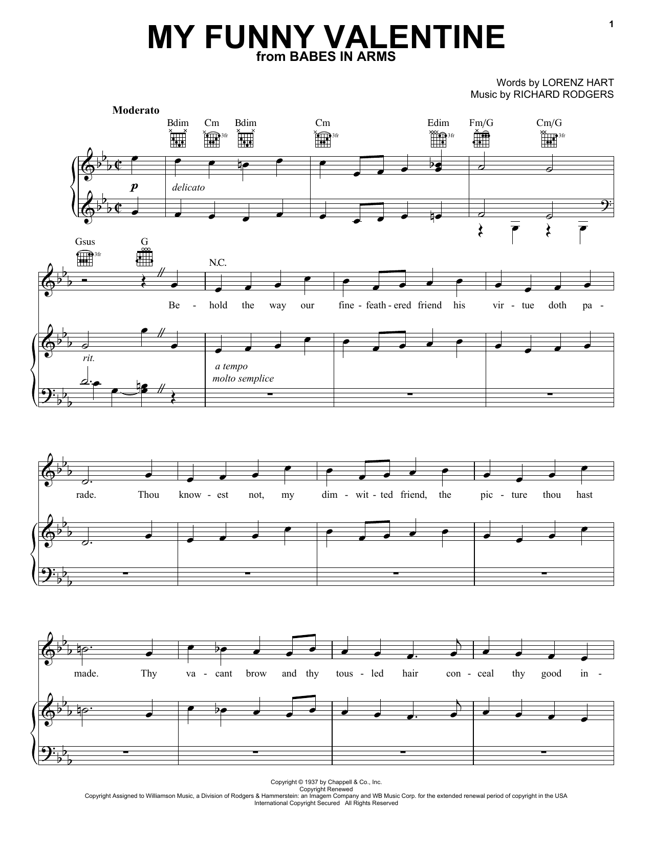 Frank Sinatra My Funny Valentine Sheet Music Notes & Chords for Piano, Vocal & Guitar (Right-Hand Melody) - Download or Print PDF