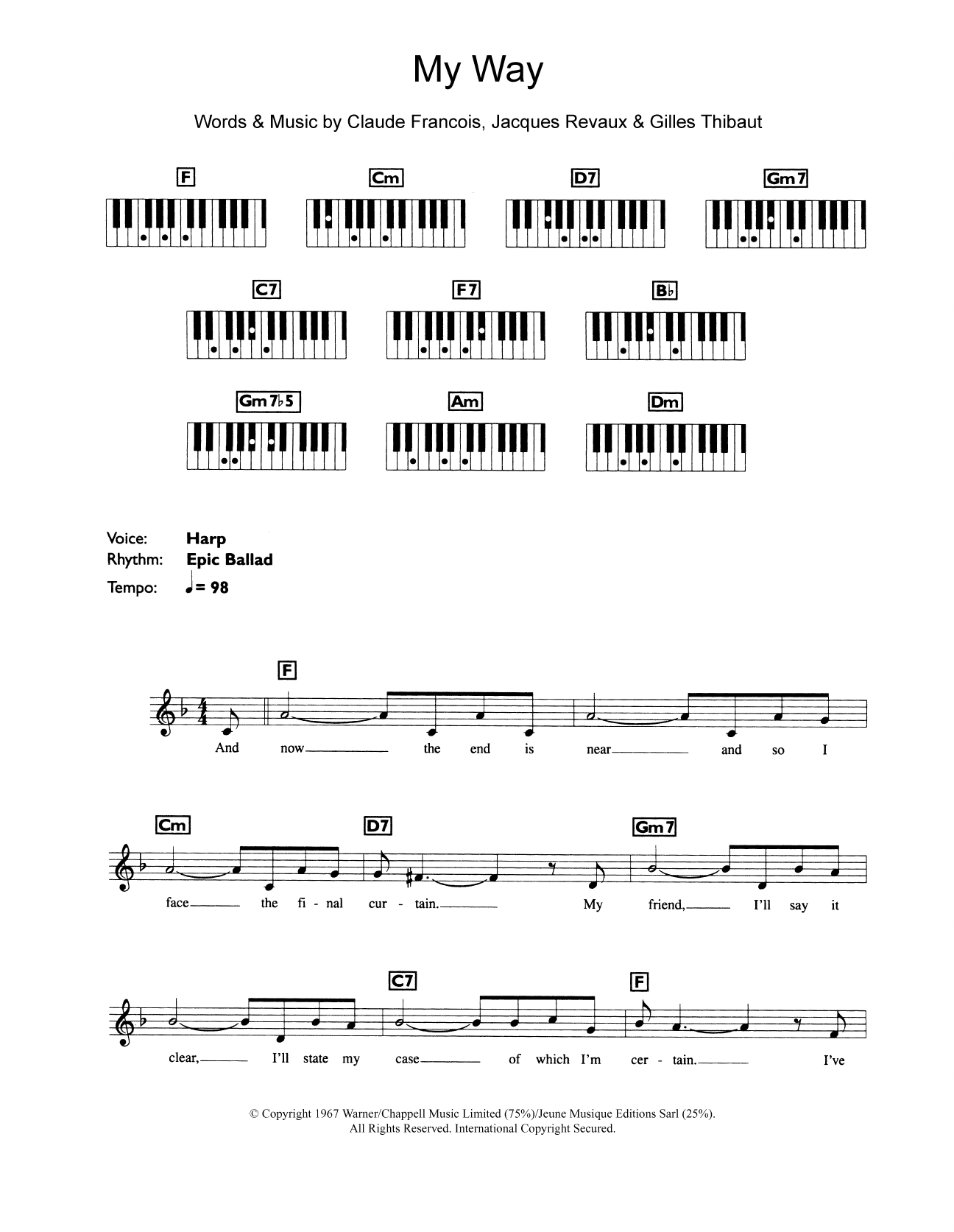 Frank Sinatra My Way Sheet Music Notes & Chords for Piano Chords/Lyrics - Download or Print PDF